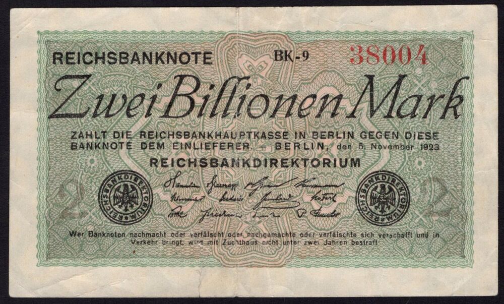 Germany - 2 Billionen Mark 1923 - Pick # 134 - VF (tear)