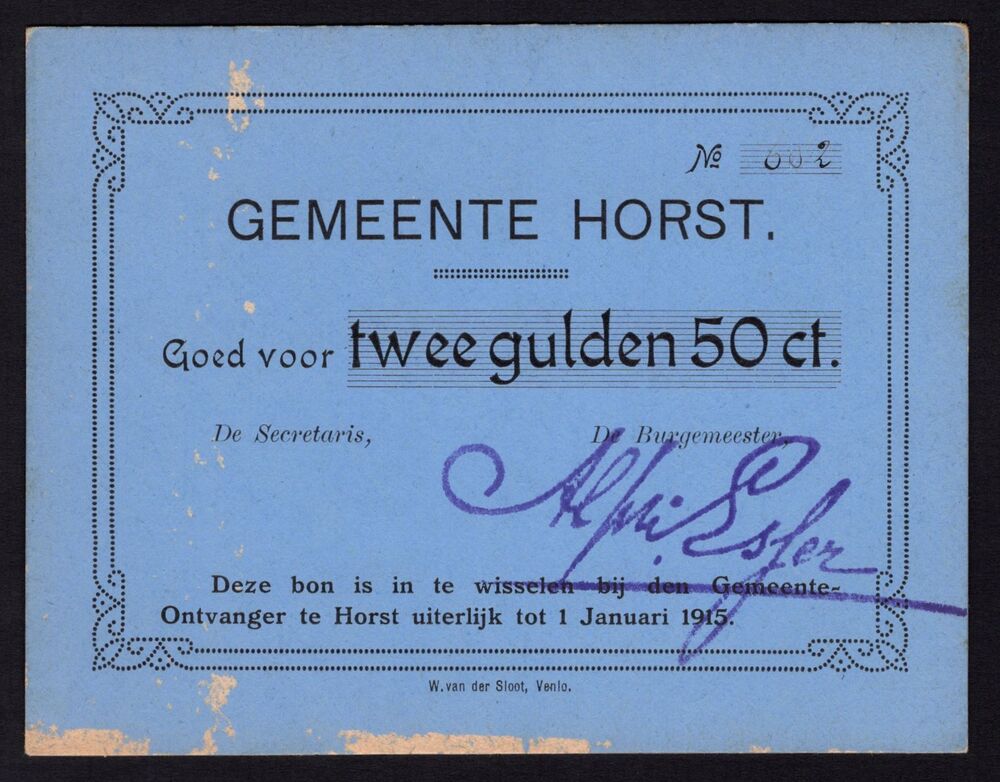 Netherlands - Horst, 2.50 Gulden 1915 - Pick # NL - XF