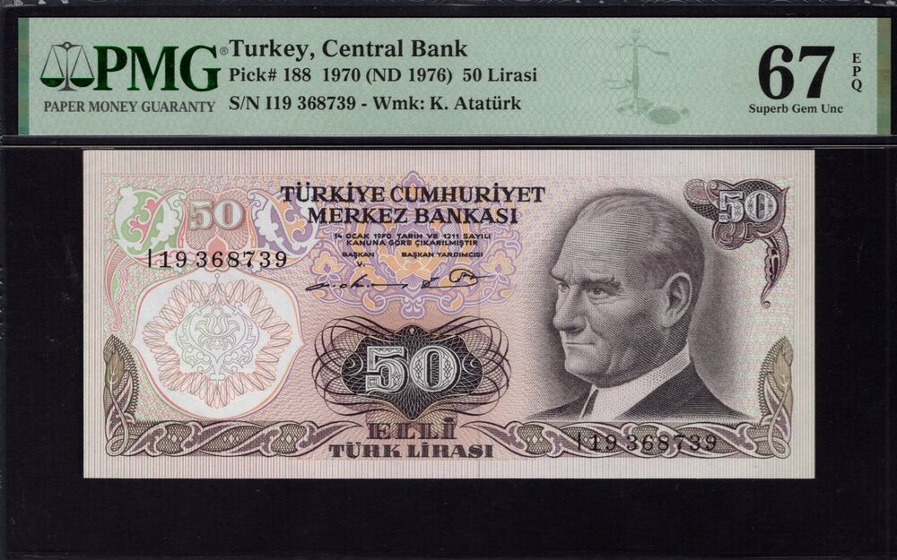 Turkey - 50 Lira 1970 - Pick # 188 - PMG 67 EPQ
