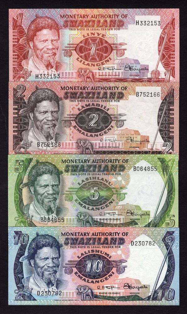 Swaziland - 1, 2, 5 & 10 Emalangeni 1974 - Pick # 1, 2, 3 & 4 - VF+ to AU