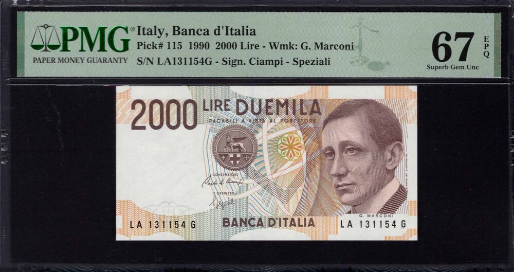 Italy - 2000 Lire 1990 - Pick # 115 - PMG 67 EPQ
