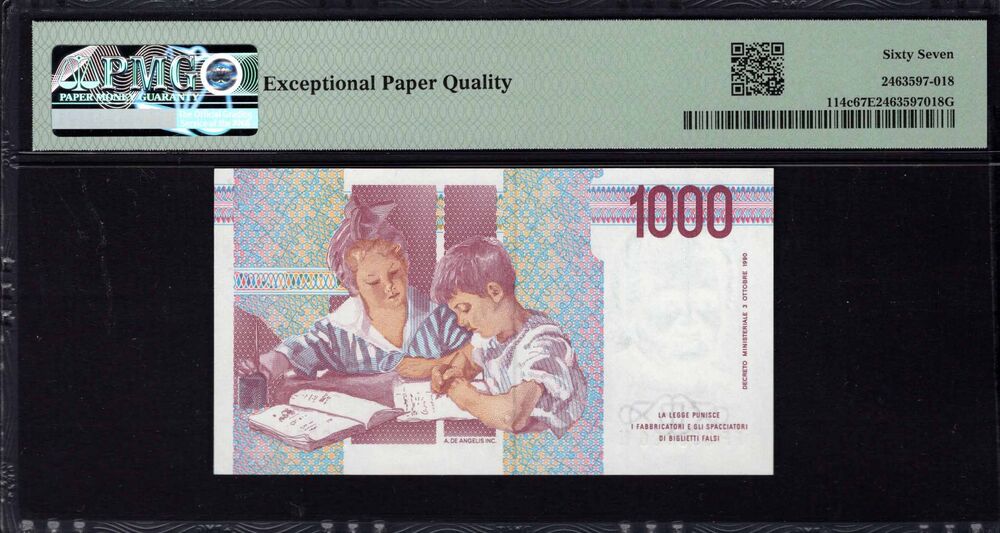 Italy - 1000 Lire 1990 - Pick # 114c - PMG 67 EPQ