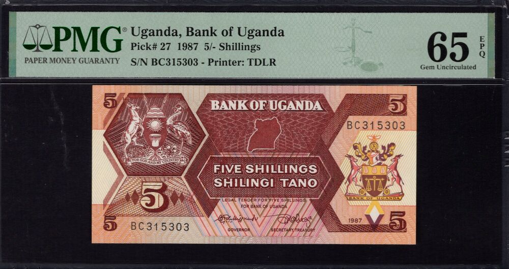 Uganda - 5 Shillings 1987 - Pick # 27 - PMG 65 EPQ